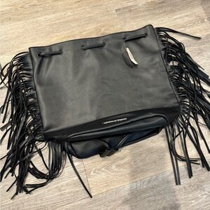 NWT - Victoria's Secret black faux leather fringe drawstring boho bucket bag